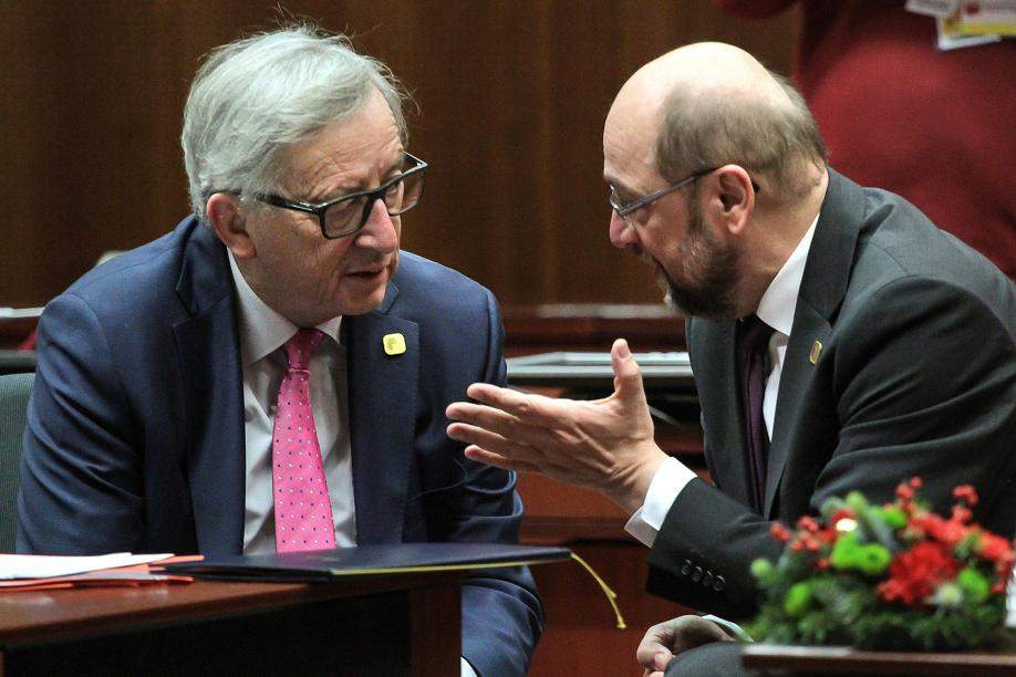 Rivaux lors des européennes de 2014, Jean-Claude Juncker et Martin Schulz sont devenus de solides alliés. ©Alexey Vivitsky\/Reporters